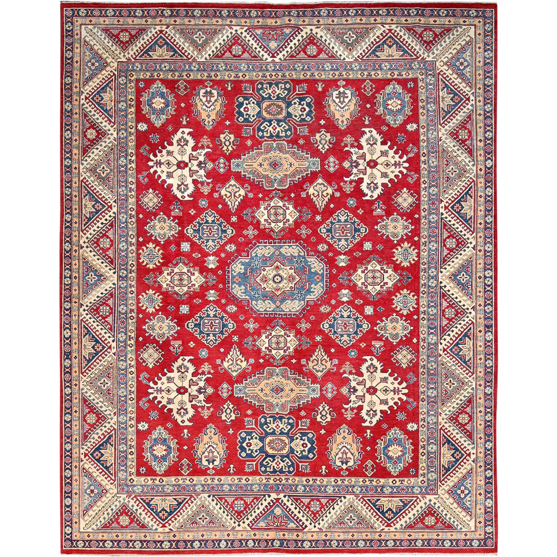 Valiant Poppy Red With Opulence White, Extra Soft Wool, Hand Knotted, Natural Dyes, Denser Weave Kazak with All Over Tribal Motifs, Oriental Rug 